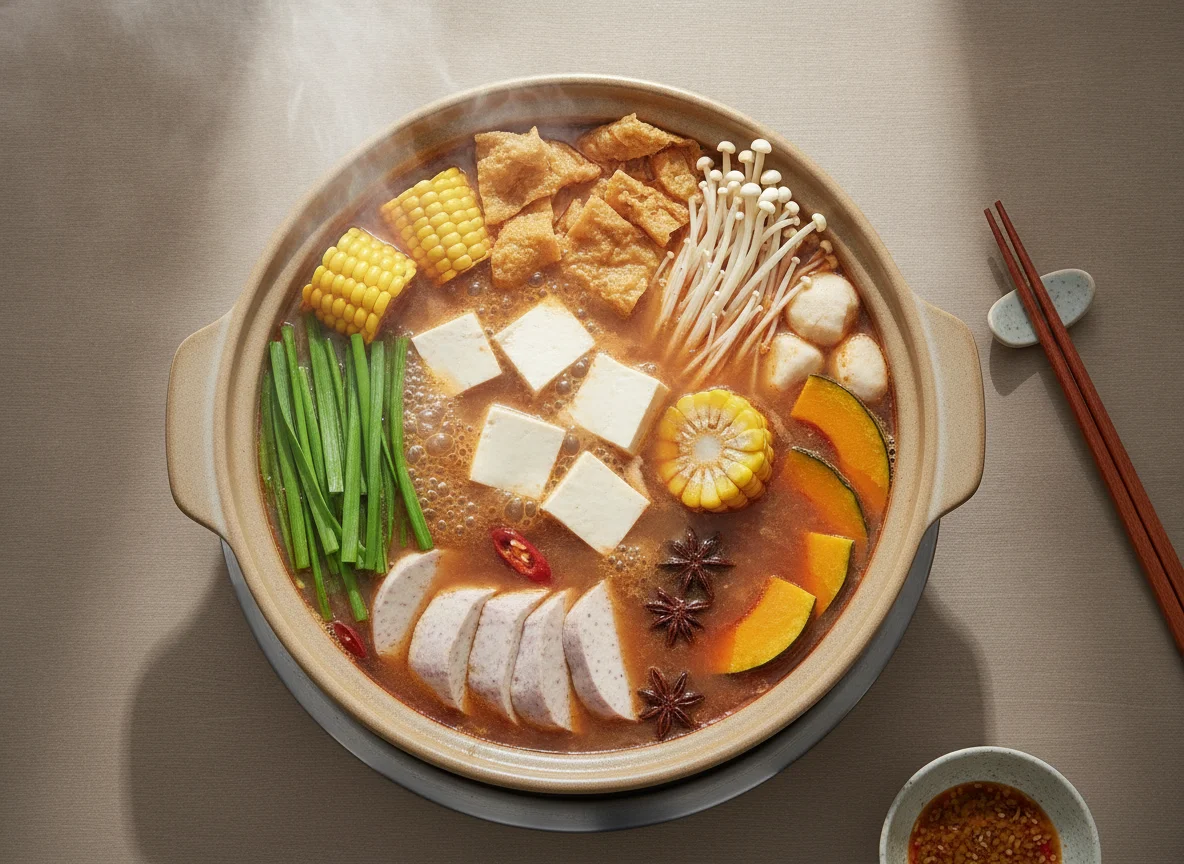Chinese Hot Pot with Tofu and Vegetables photo
