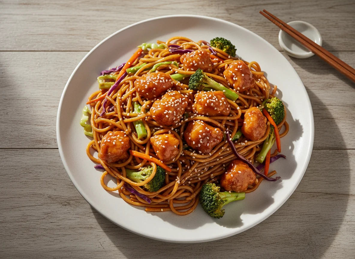 Chinese Stir-fry with Orange Chicken and Noodles photo