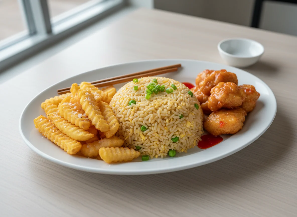 Chinese takeaway meal with chips, fried rice, and battered chicken photo