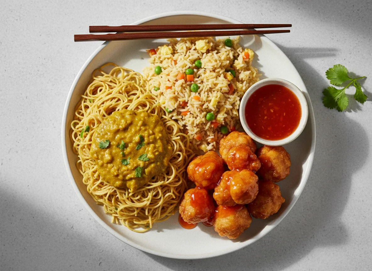 Chinese takeaway meal with noodles, rice, and sweet and sour chicken balls photo