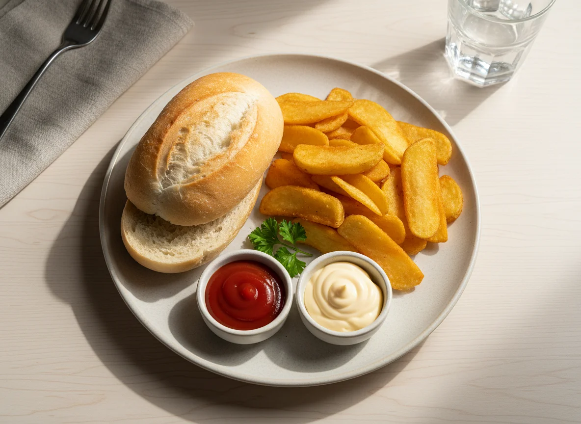 Chips and bread roll with sauces photo
