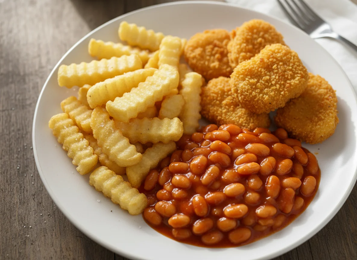 Chips, Chicken Nuggets and Baked Beans photo