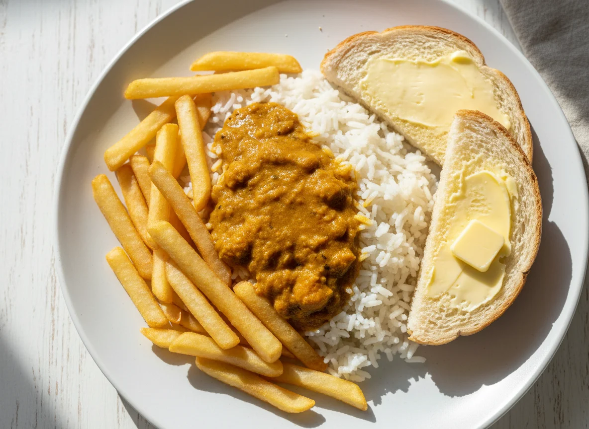 Chips, Rice and Curry Sauce with Bread and Butter photo