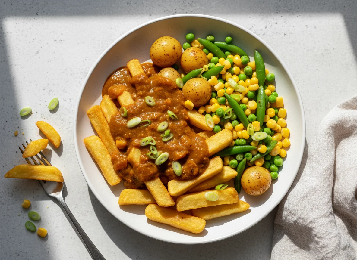 Chips with Curry Sauce and Vegetable Medley photo