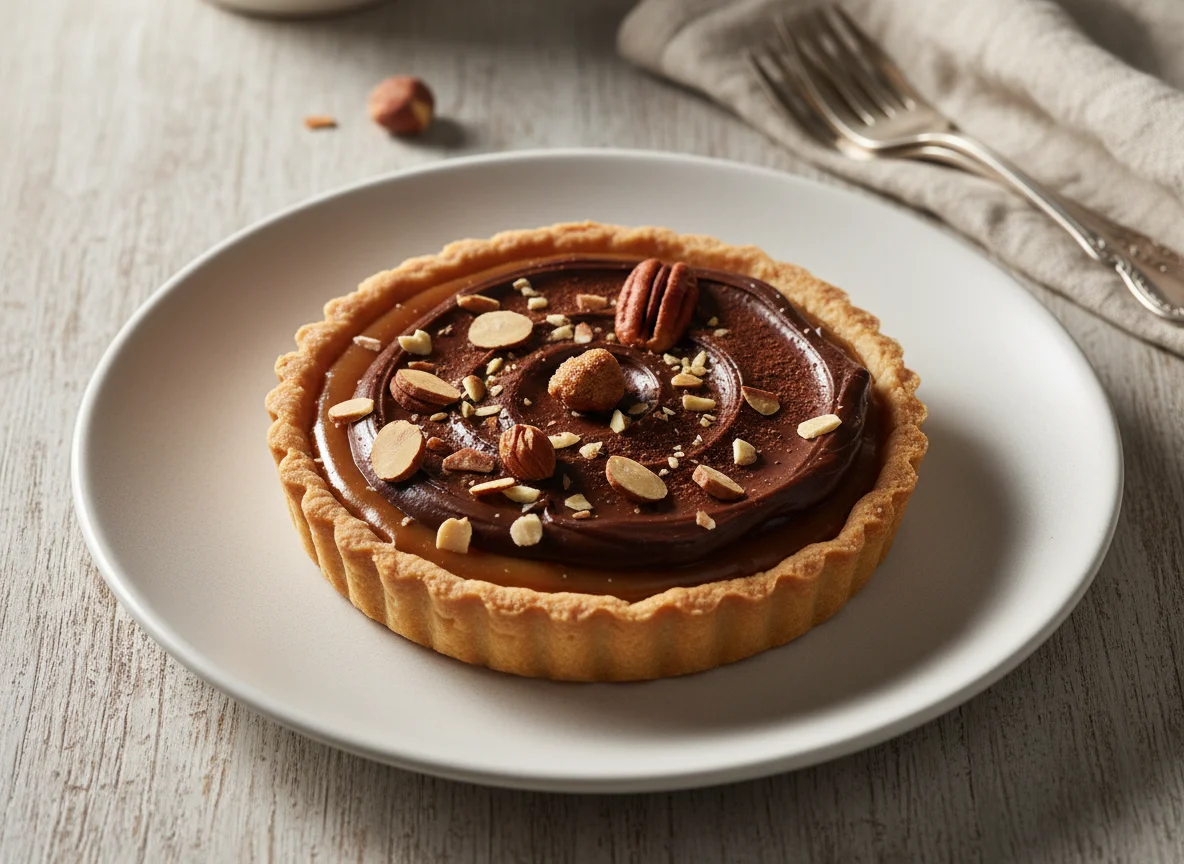 Chocolate and Caramel Tartlet with Nuts photo