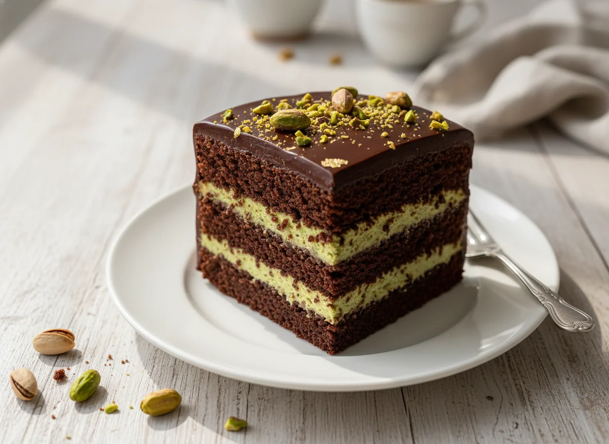 Chocolate and Pistachio Cake Slice photo