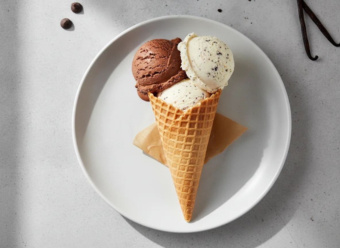 Chocolate and Vanilla Ice Cream in a Waffle Cone photo