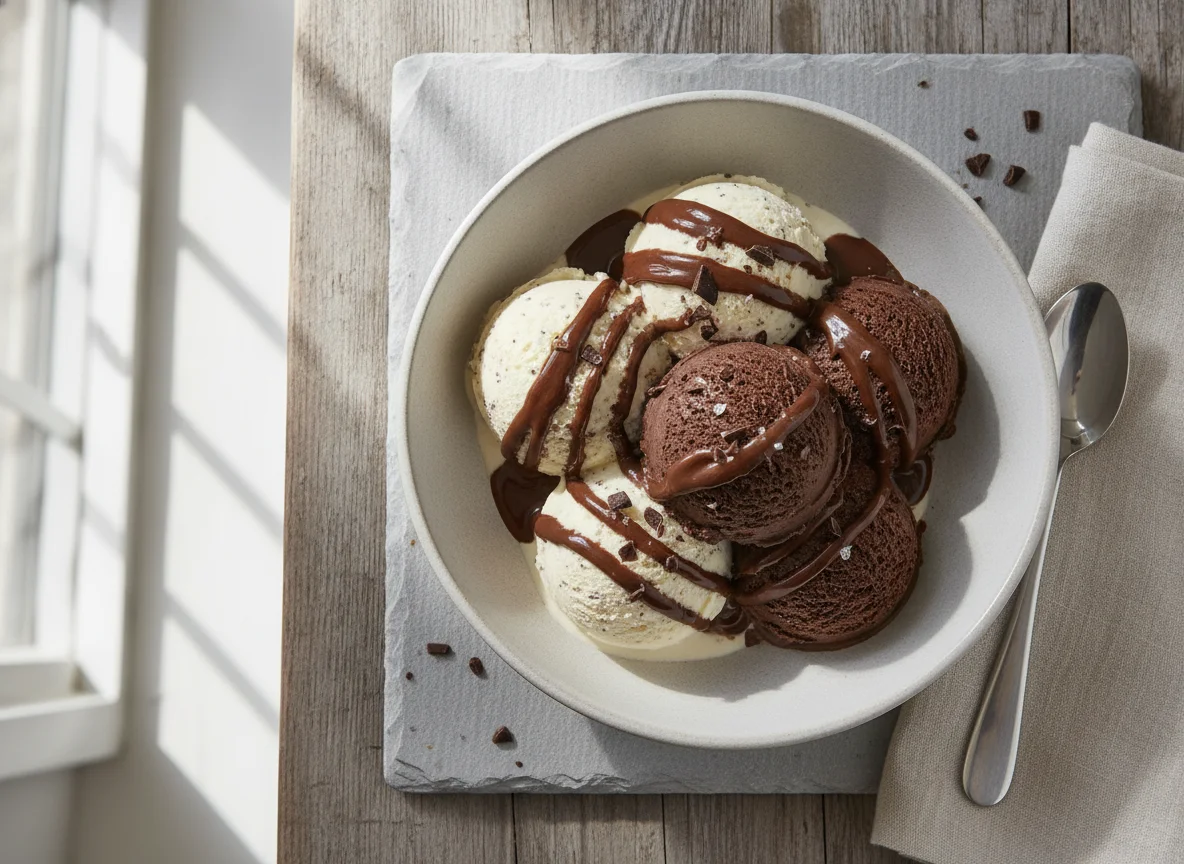Chocolate and Vanilla Ice Cream with Chocolate Sauce photo