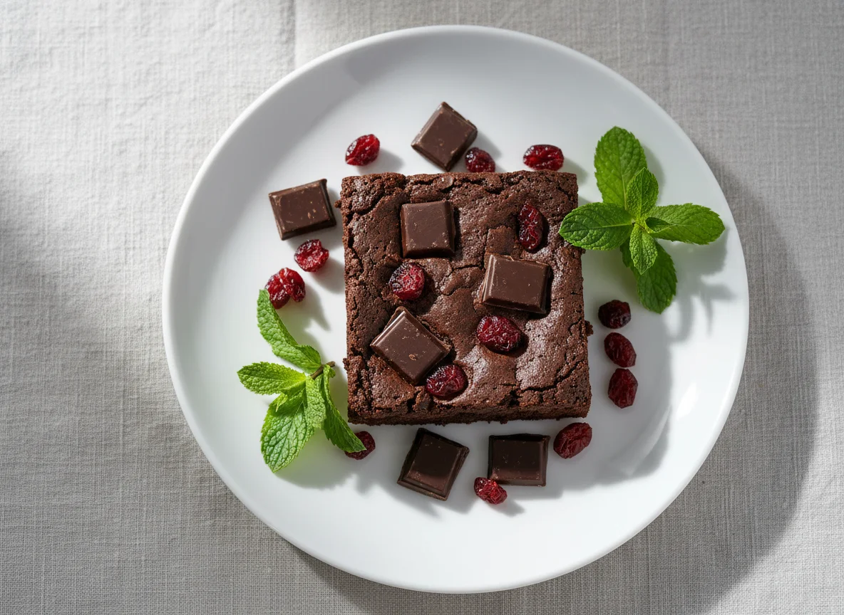 Chocolate Brownie with Berries and Mint photo