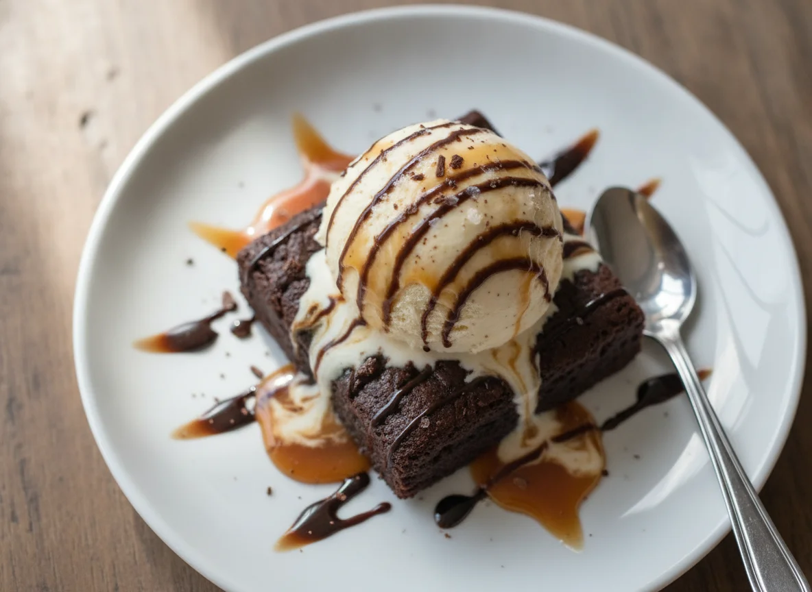 Chocolate Brownie with Vanilla Ice Cream and Caramel Sauce photo