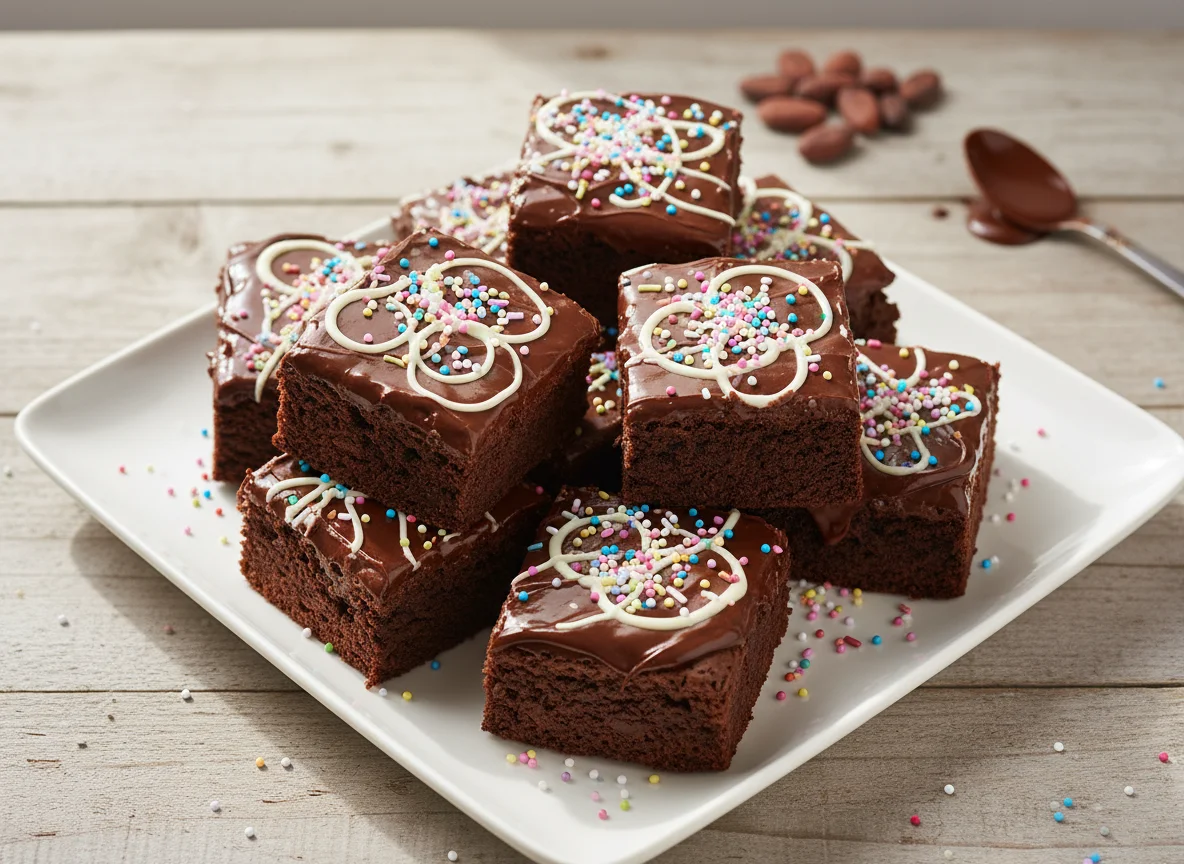 Chocolate Brownies with Icing and Sprinkles photo