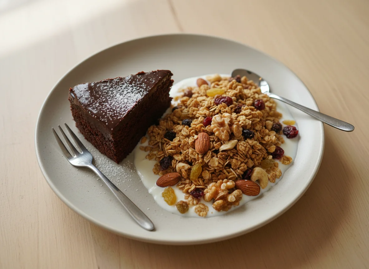 Chocolate Cake and Muesli with Nuts photo