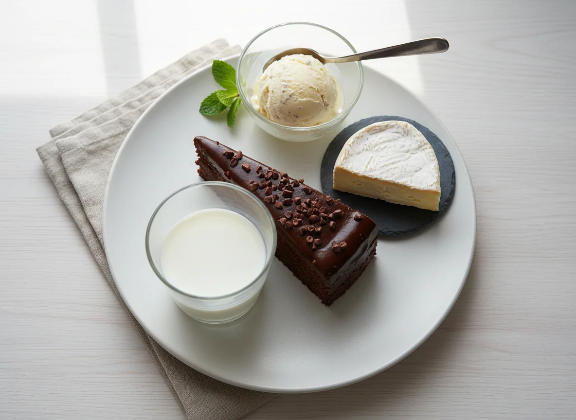Chocolate cake, Camembert, Ice cream and Milk photo