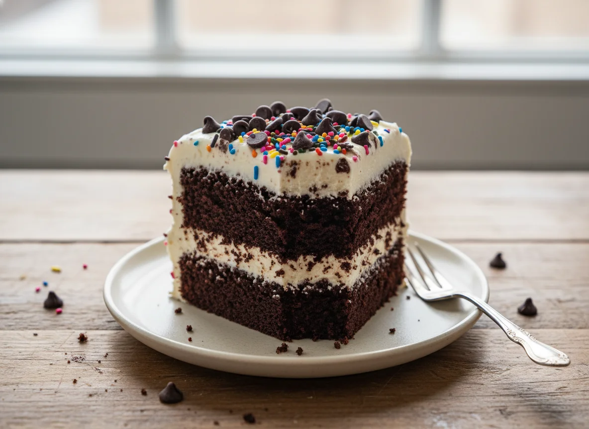 Chocolate Cake Slice with Cream Cheese Frosting photo