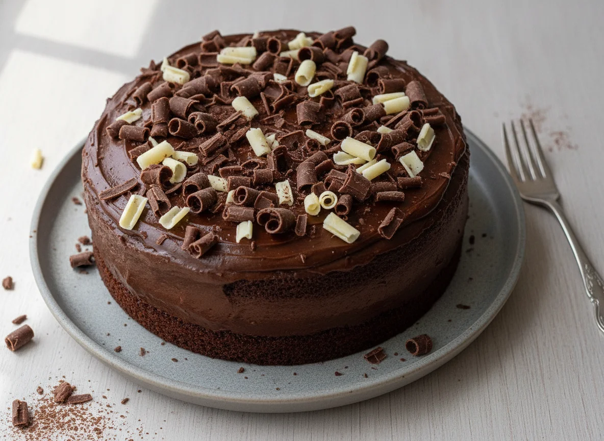 Chocolate cake with chocolate curls photo