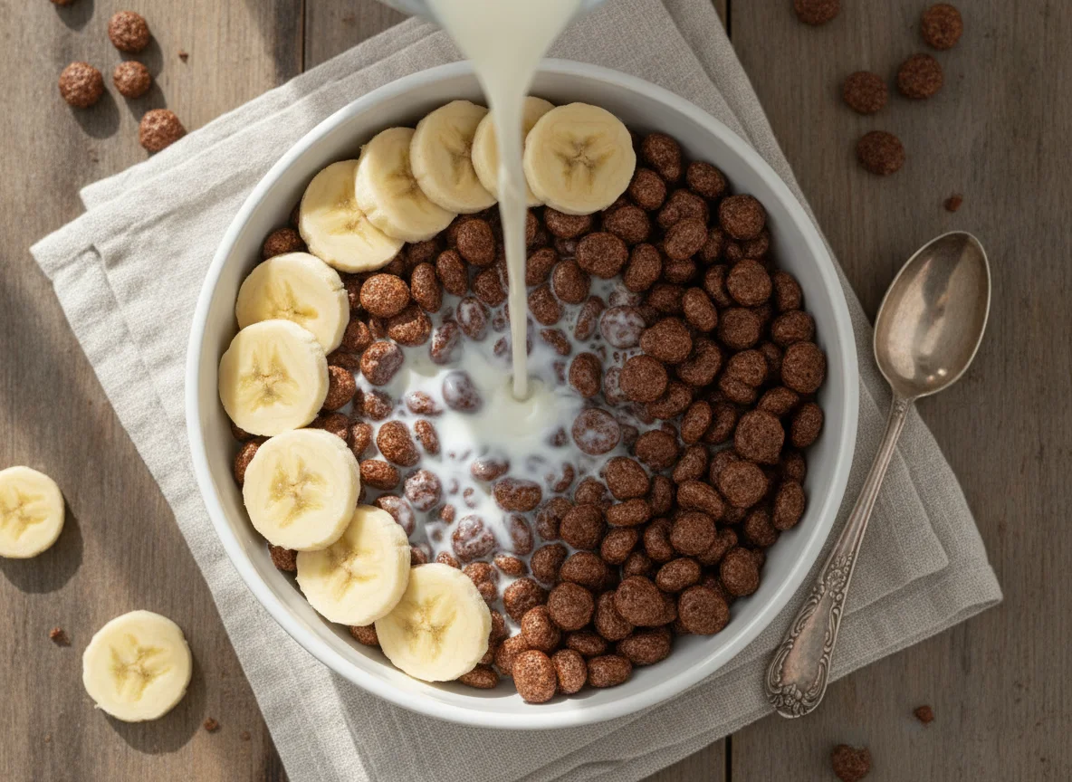 Chocolate cereal with milk and banana photo