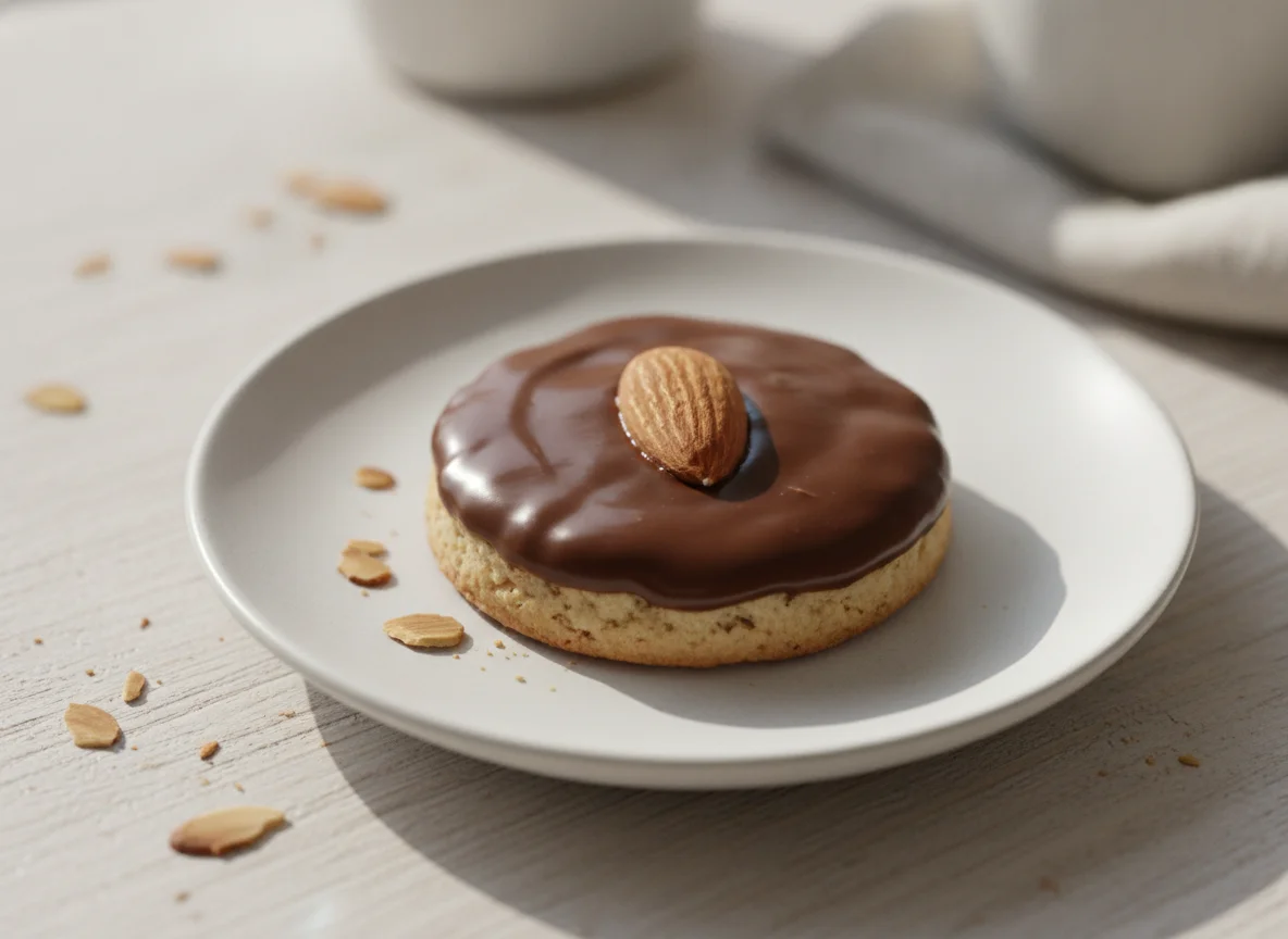Chocolate coated biscuit with almond photo