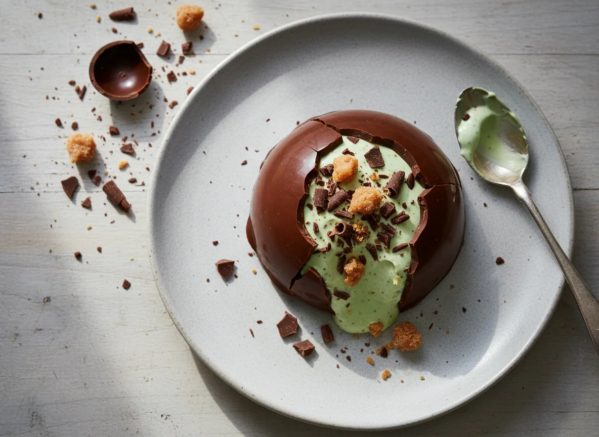 Chocolate filled with green cream and chocolate bits photo