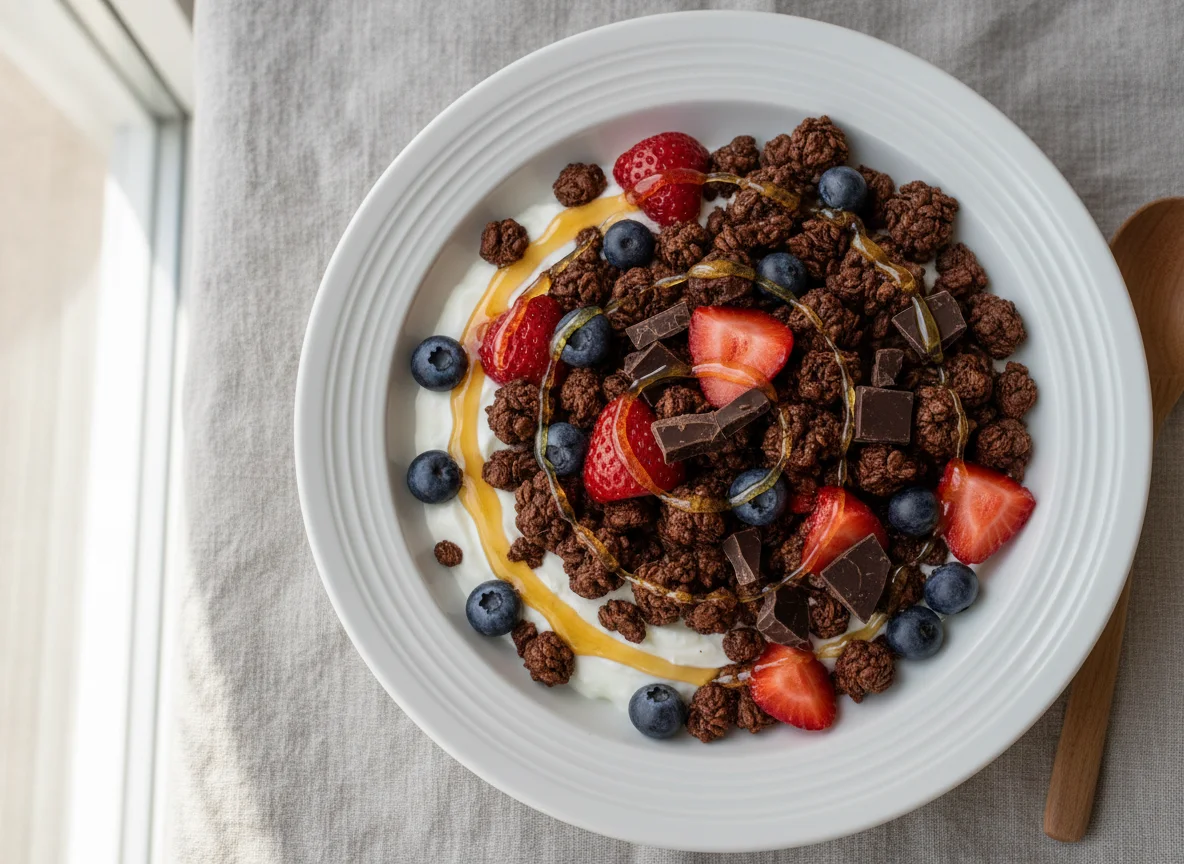 Chocolate Granola with Berries and Yogurt photo