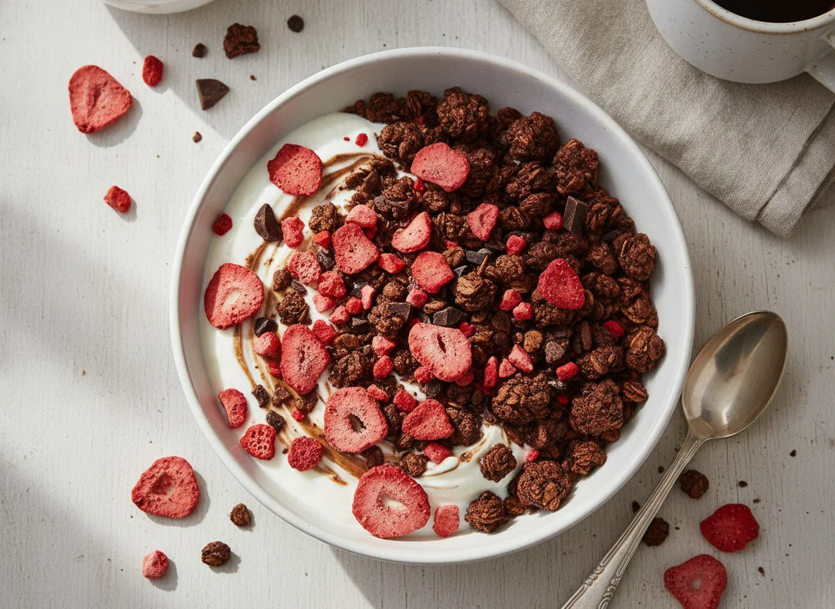 Chocolate Granola with Yogurt and Dried Strawberries photo