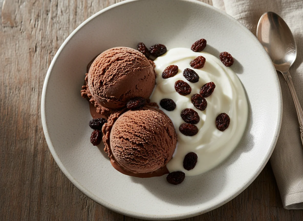 Chocolate Ice Cream with Yogurt and Raisins photo