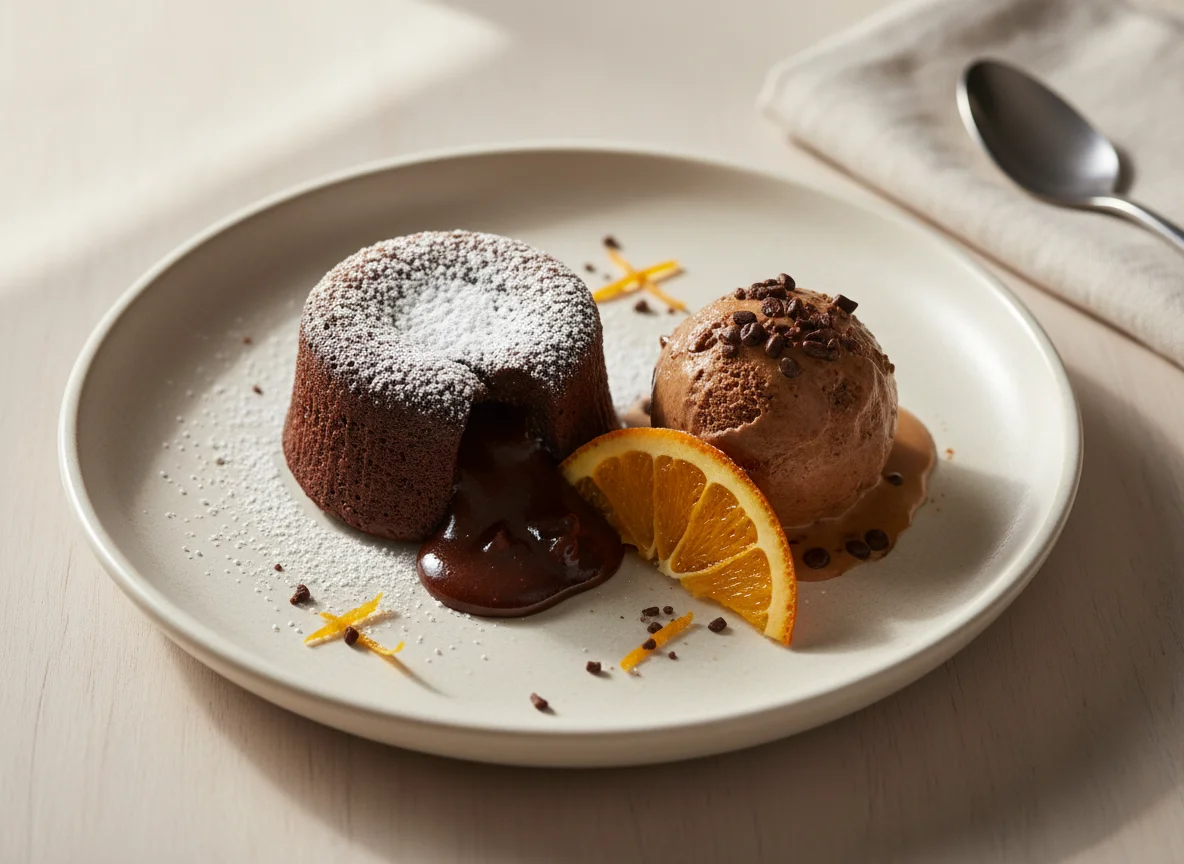 Chocolate Lava Cake with Ice Cream and Orange photo