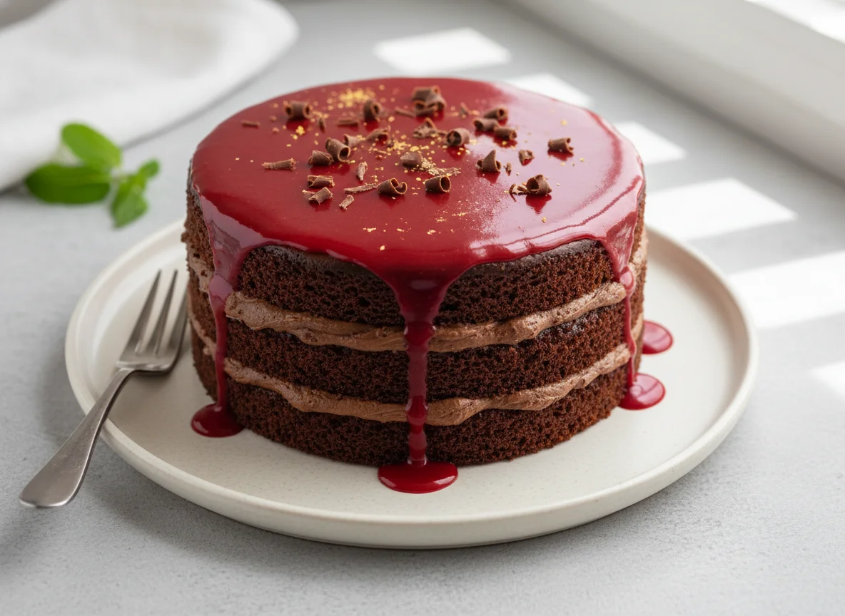 Chocolate Layer Cake with Red Glaze photo