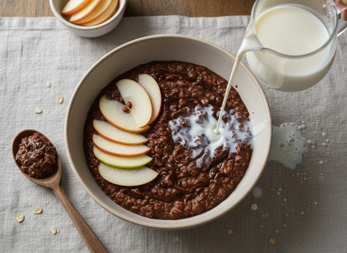 Chocolate Oatmeal with Apples and Milk photo