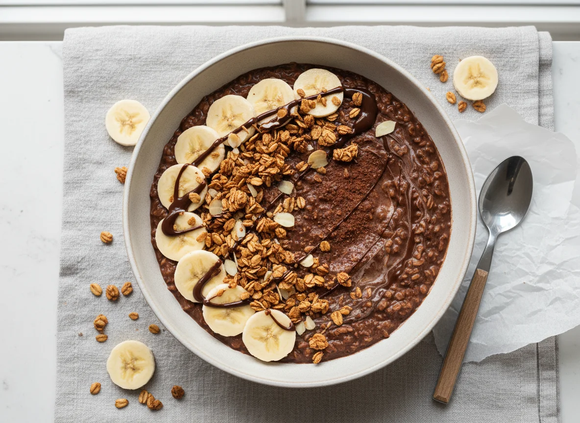 Chocolate Oatmeal with Banana and Granola photo