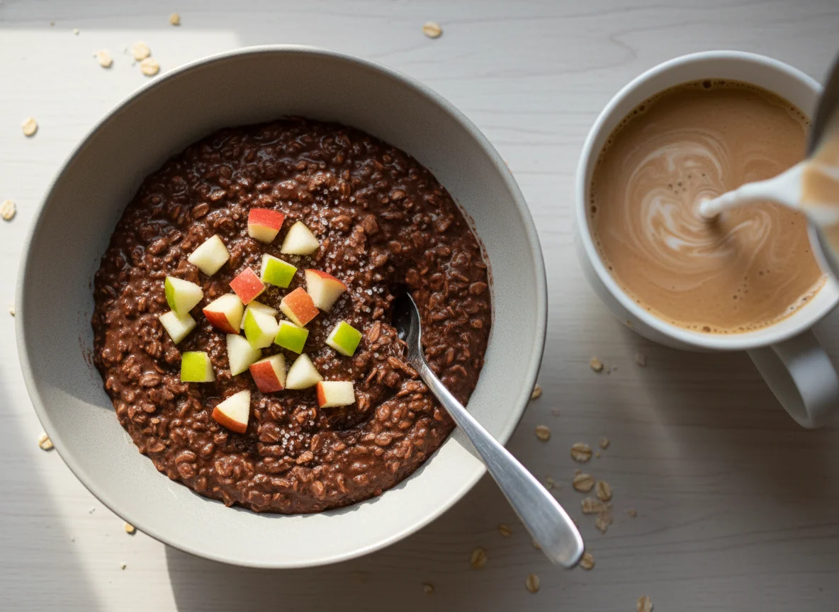 Chocolate Oatmeal with Diced Apples and Milk Coffee photo