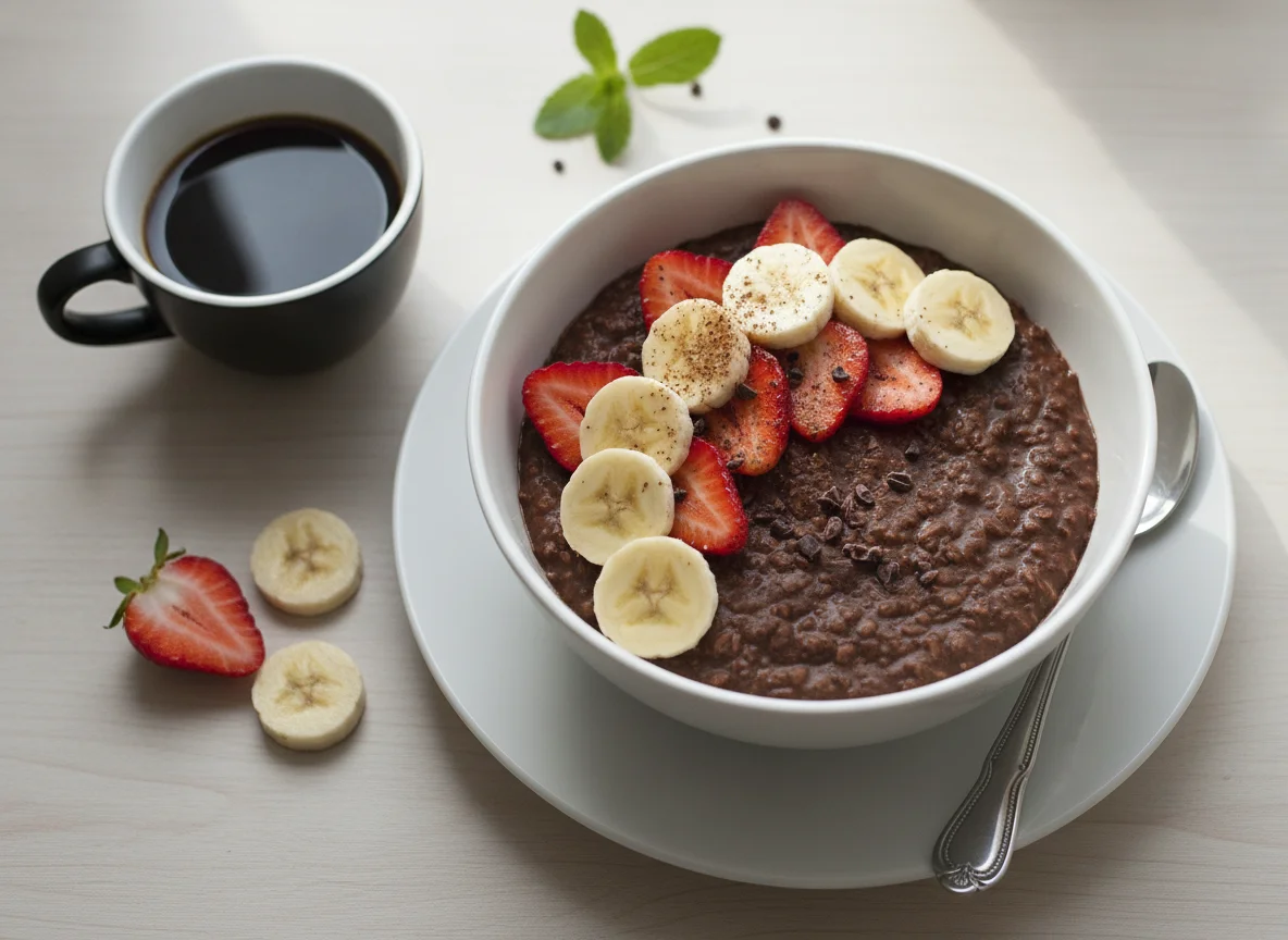 Chocolate Oatmeal with Strawberries and Banana photo