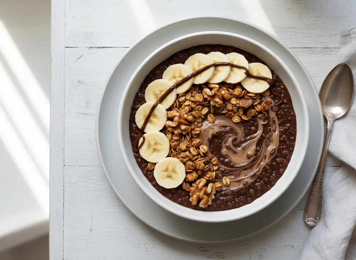 Chocolate Porridge with Walnuts, Granola, and Banana photo
