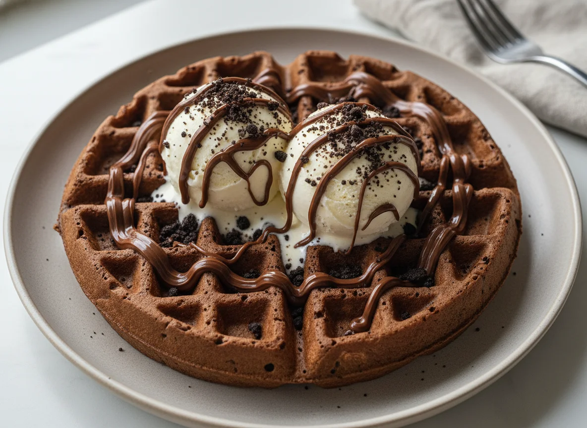 Chocolate Waffle with Ice Cream and Chocolate Drizzle photo