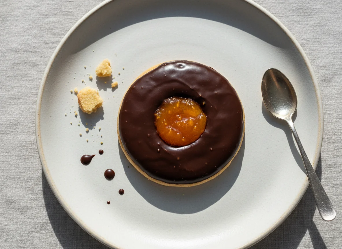 Chocolate-covered cookie with jam filling photo