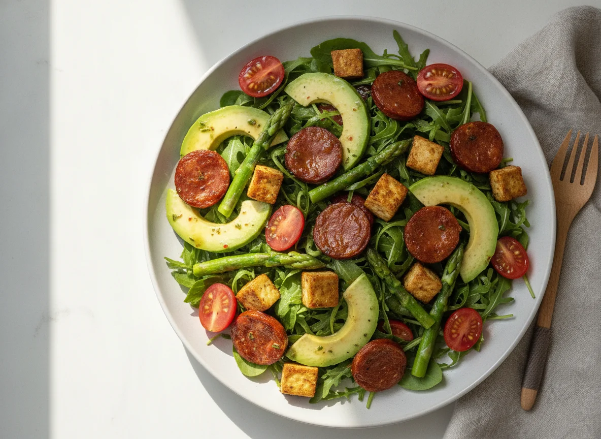 Chorizo and Avocado Salad with Tofu and Asparagus photo
