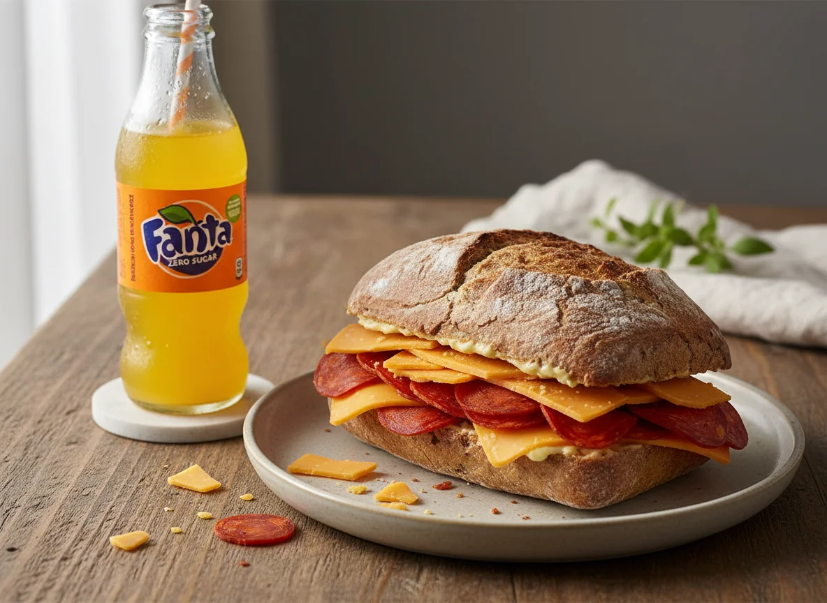 Chorizo and Cheddar Sandwich with Fanta Zero photo