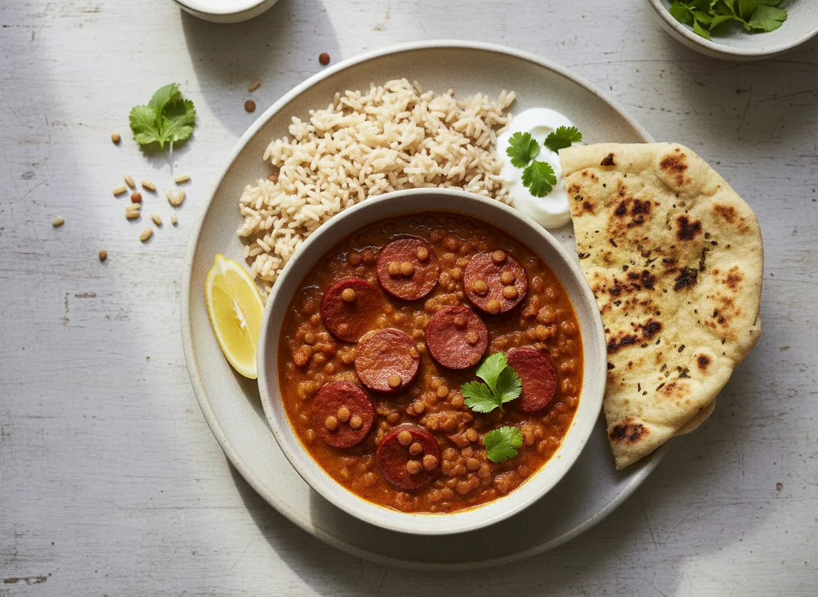 Chorizo and Lentil Curry with Brown Rice and Flatbread photo