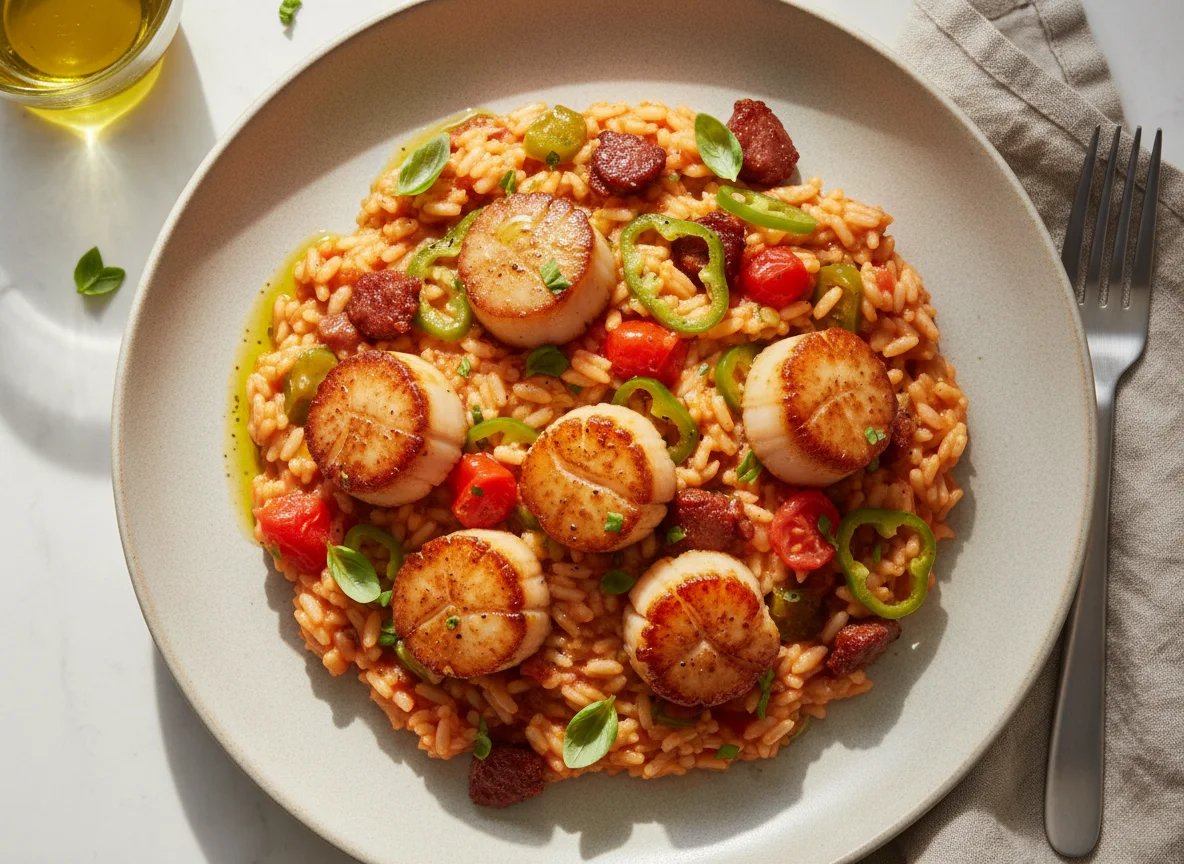 Chorizo and Scallop Risotto with Peppers photo