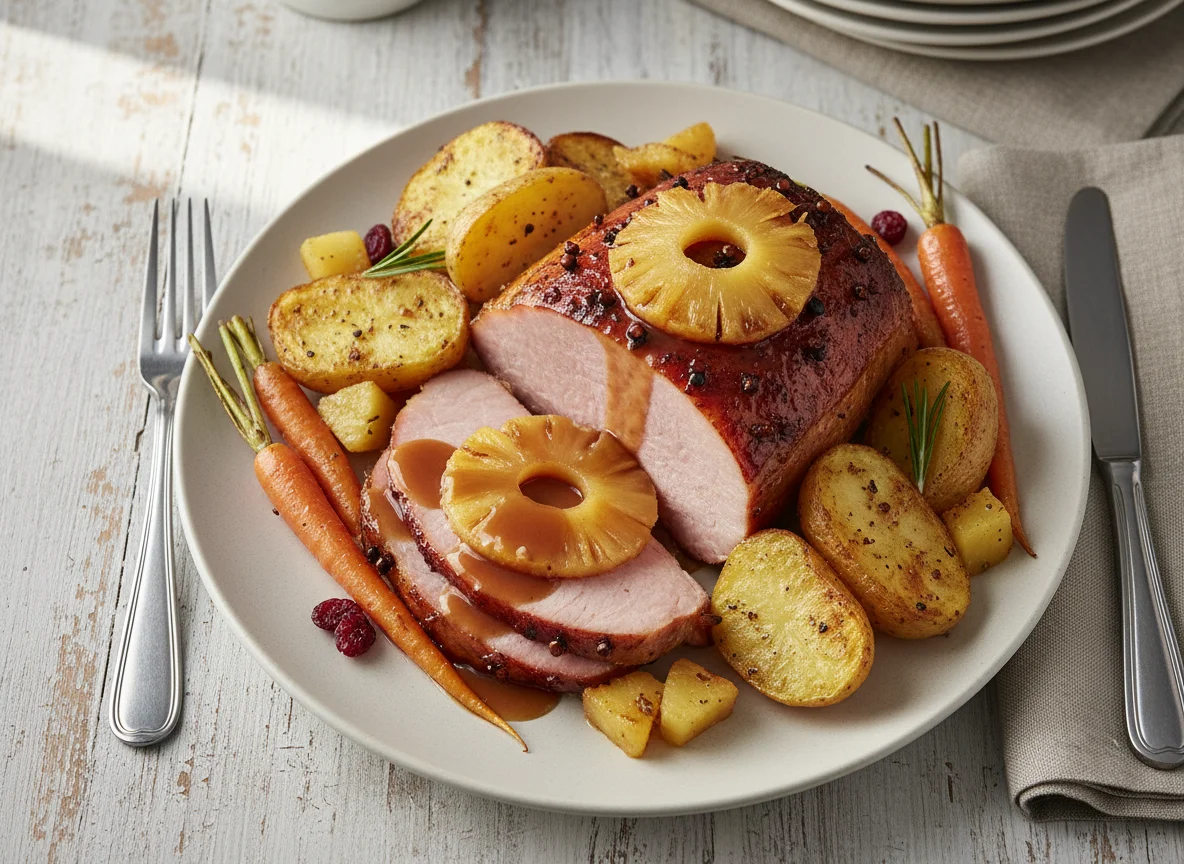 Christmas Ham Dinner with Roast Potatoes and Pineapple photo