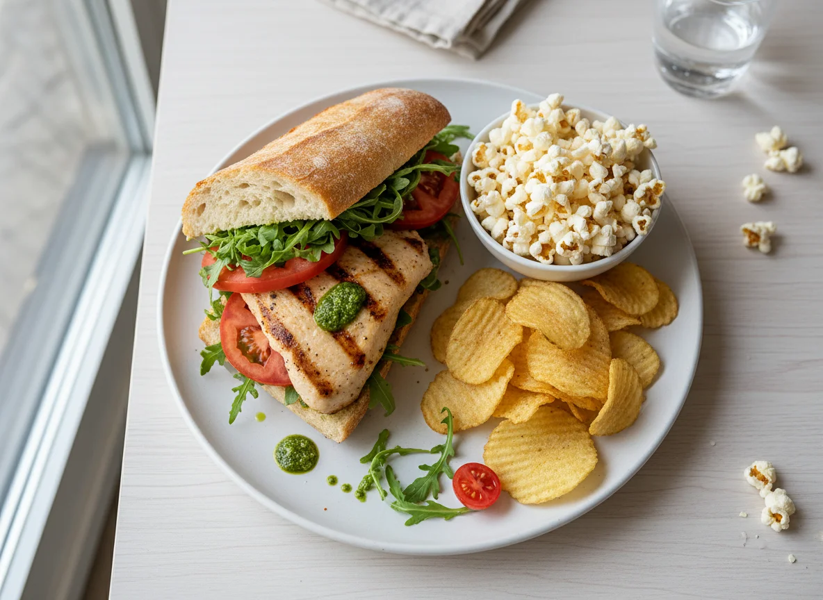 Ciabatta Sandwich with Chicken and Side of Chips and Popcorn photo