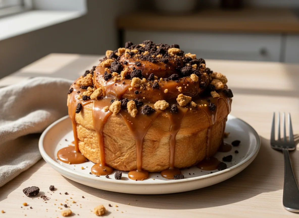 Cinnamon Roll with Caramel Topping and Cookie Crumble photo