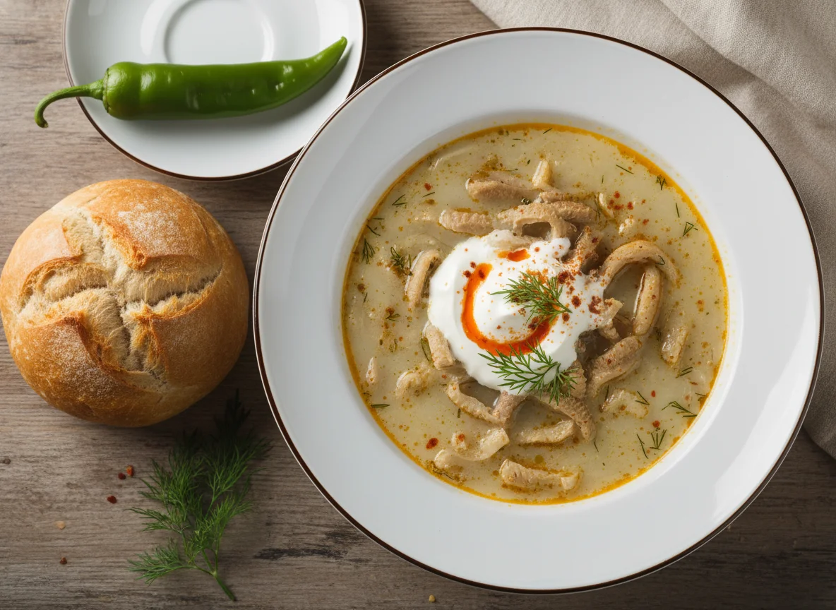 Ciorbă de burtă (Tripe Soup) with sides photo