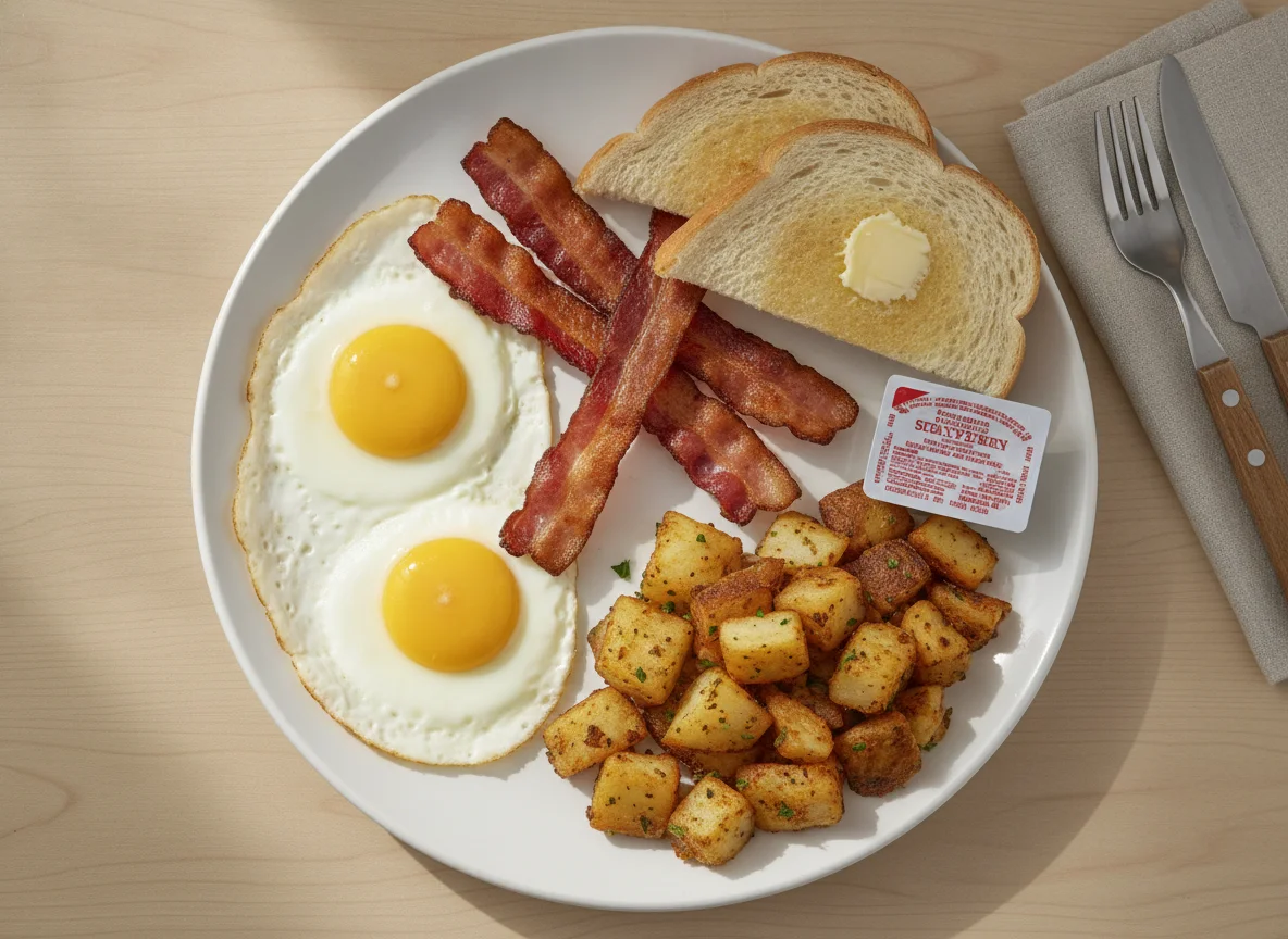 Classic Breakfast with Eggs, Bacon, Home Fries, and Toast photo