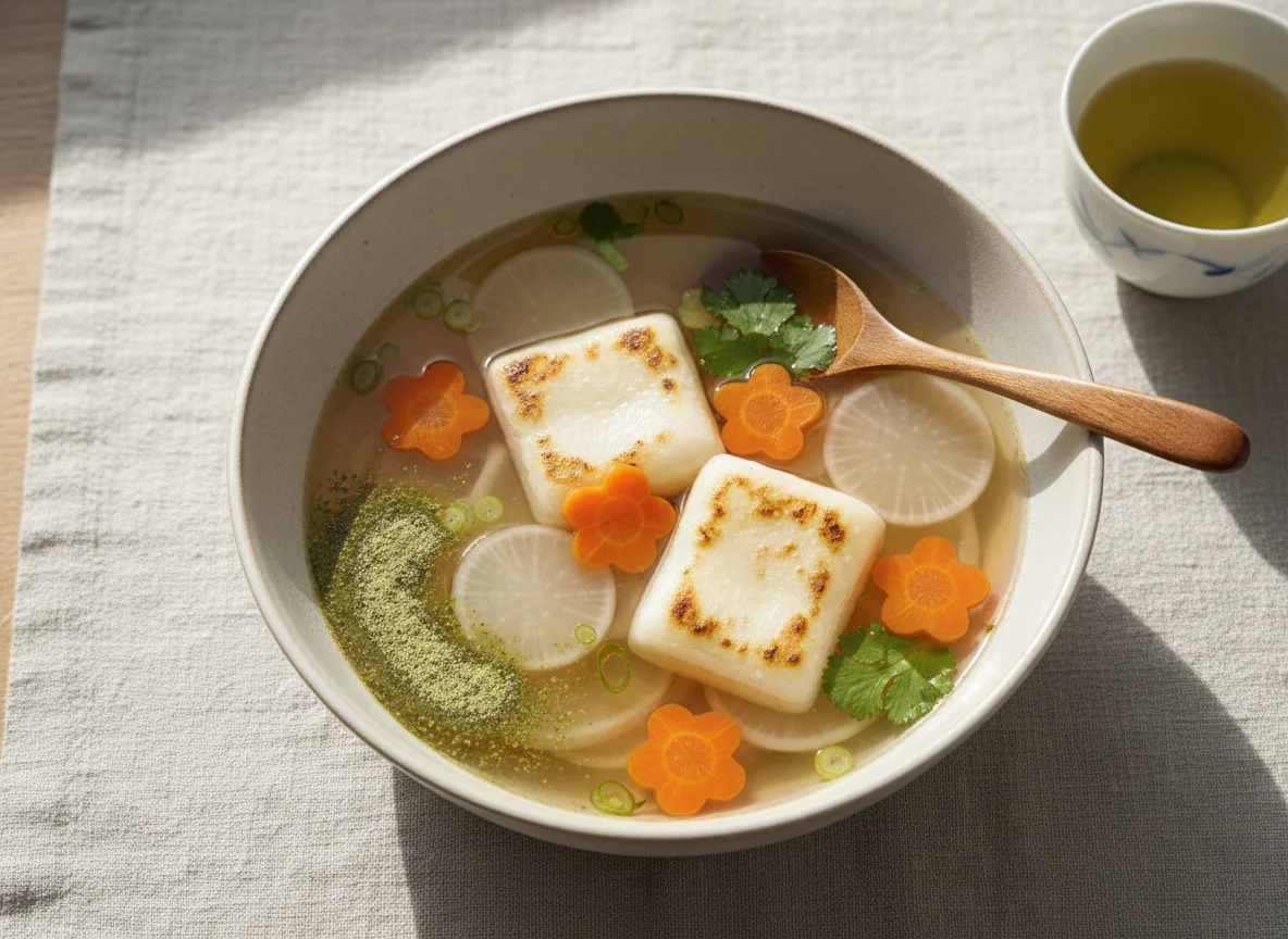 Clear Soup with Mochi and Vegetables photo