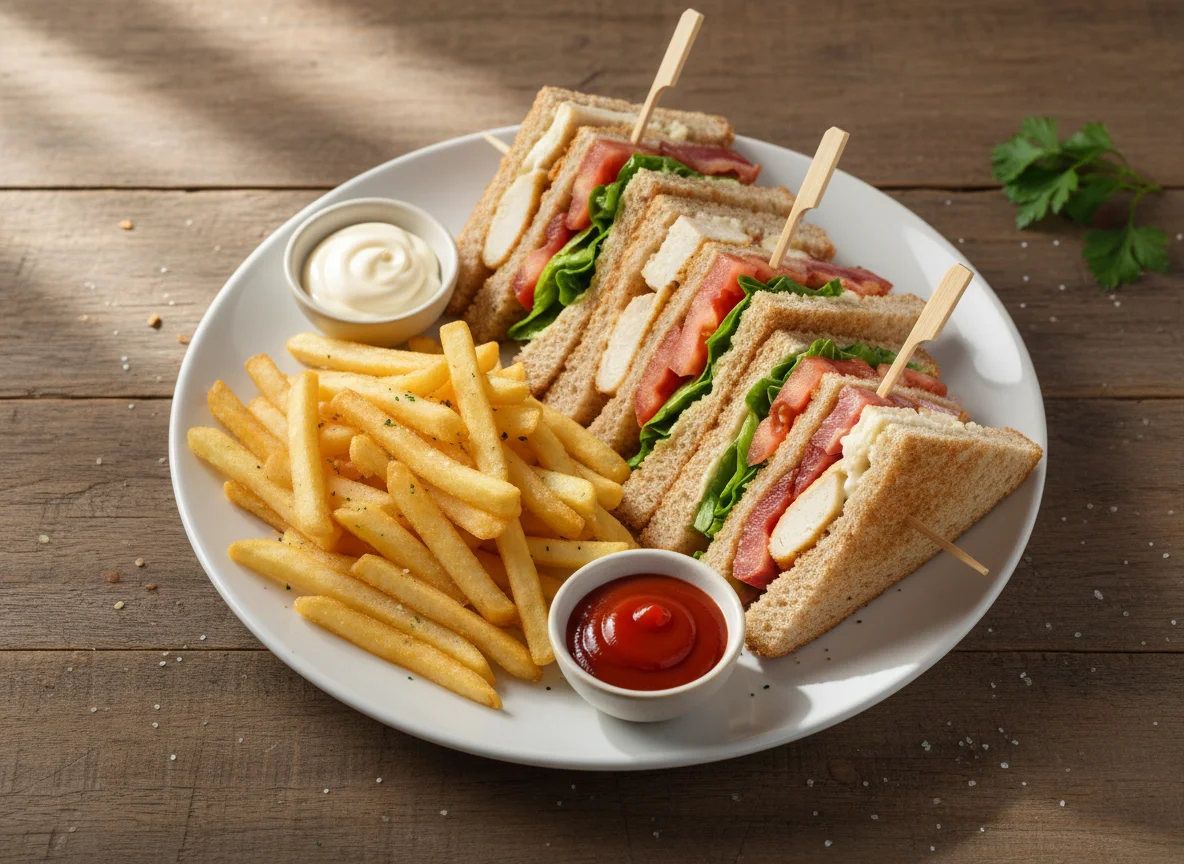 Club Sandwich with French Fries and Dips photo