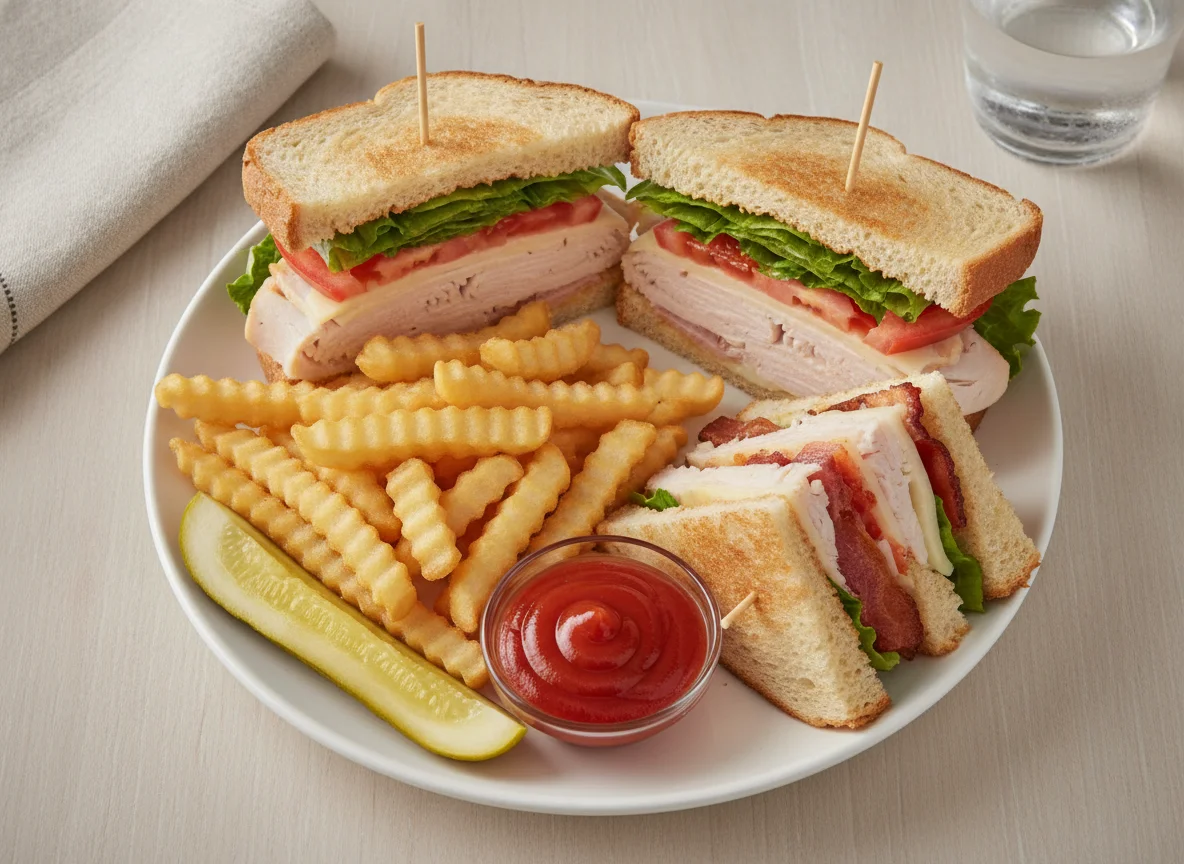 Club Sandwich with French Fries and Pickle photo
