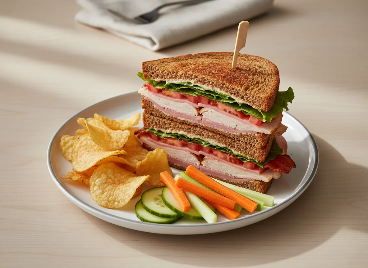 Club Sandwich with Potato Chips and Vegetables photo