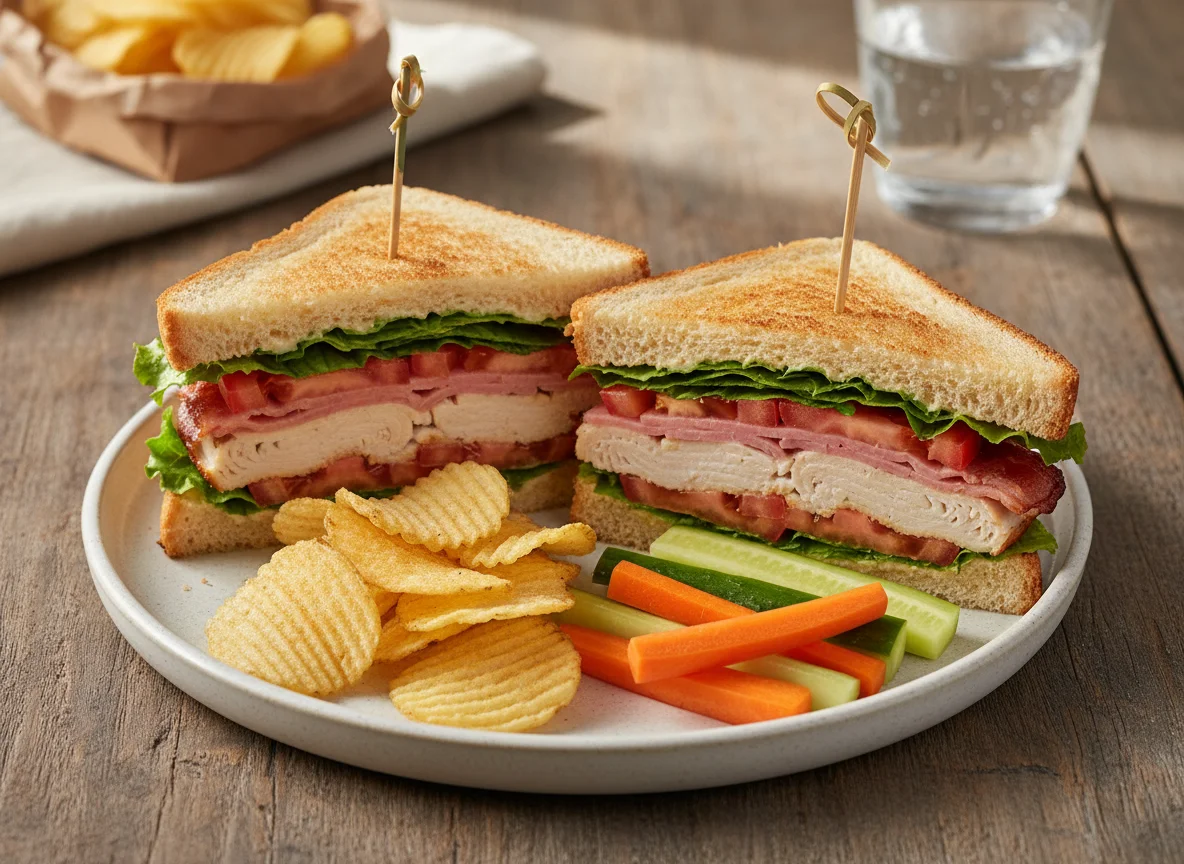 Club Sandwich with Ruffle Chips and Vegetables photo