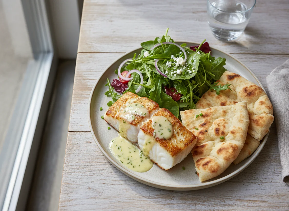 Cod Fillet with Flatbread and Salad photo