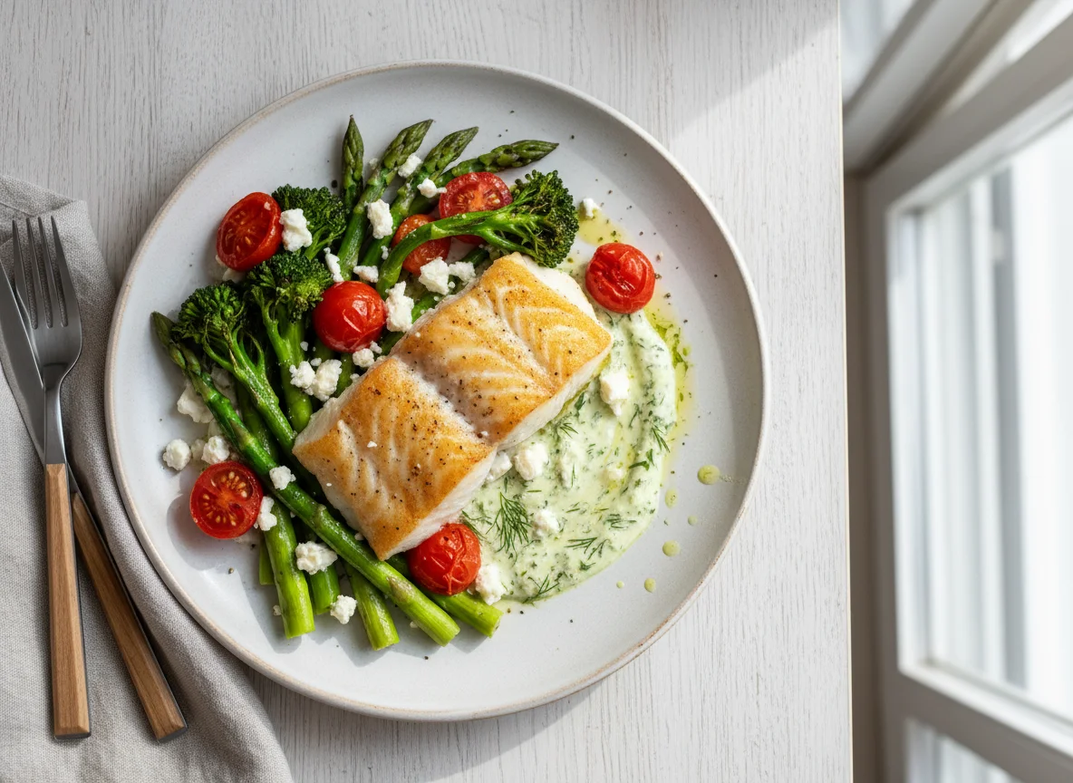 Cod with Asparagus, Broccoli, Tomatoes and Feta photo